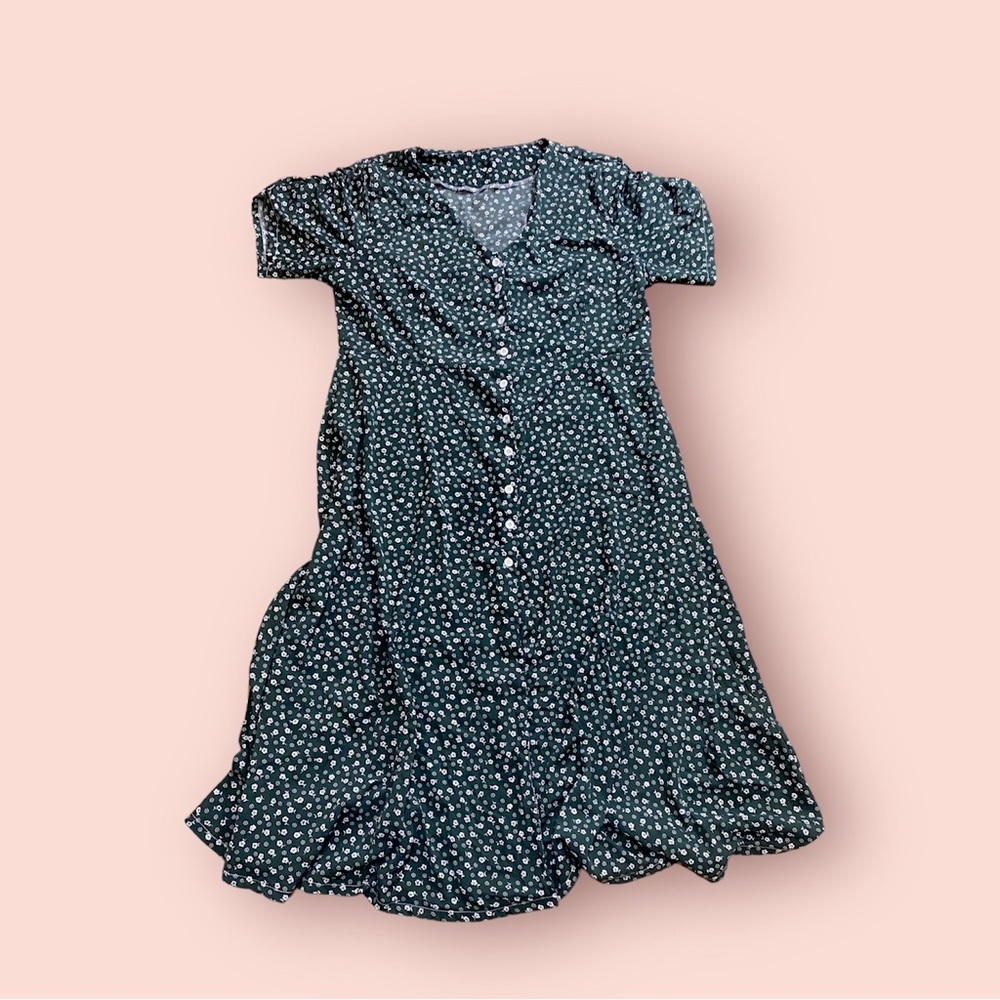 Dark Green White Flower Dress from SHEIN